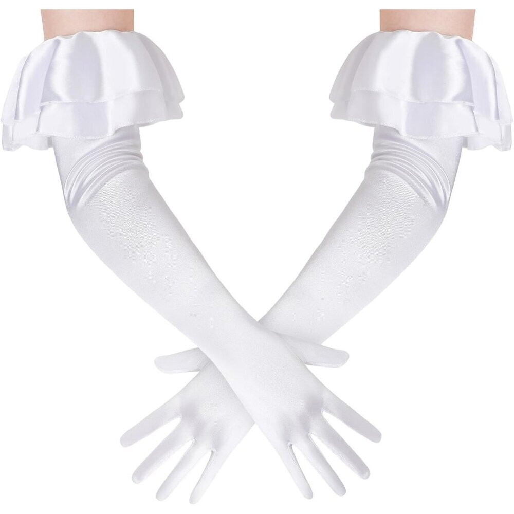 Women's White Long Satin Ruffle Cuff Stretchy Sleeves Gloves Wedding Costume